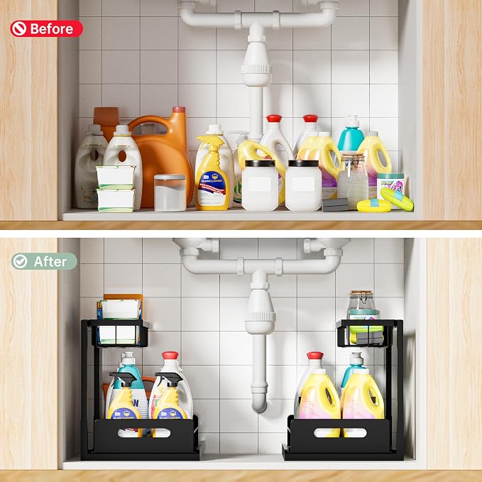 Under Sink Organizer and Storage, Slide Out Cabinet Organizer, Pull Out Sink Shelf for Kitchen Bathroom Laundry, 2 Pack Black - Image 3