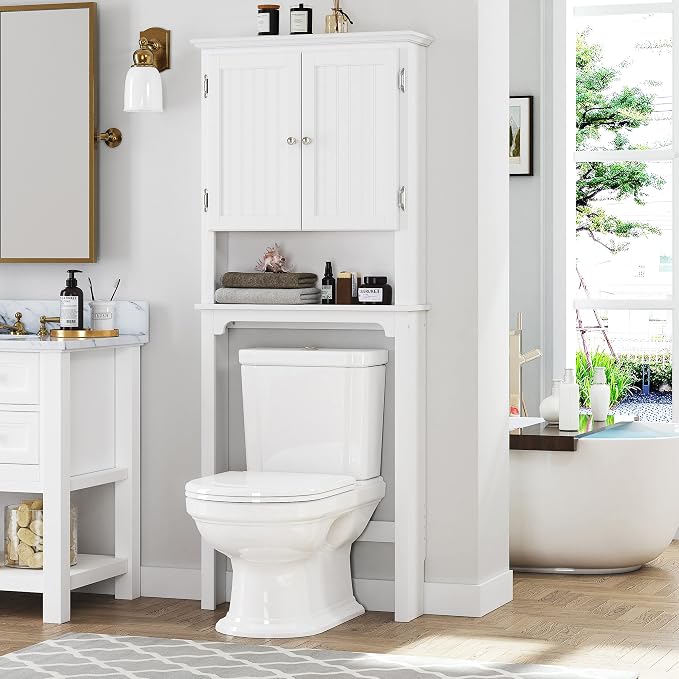 UTEX Over The Toilet Storage Cabinet, White Bathroom Organizer with Doors - Image 7