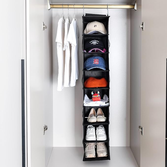 Berdeng Hanging Shoe Organizer for Closet with Side Mesh Pockets，Hat Racks for Baseball Caps，Shoe and Hat Holder & Storage，8-Shelf，Black，1 Pack - Image 2