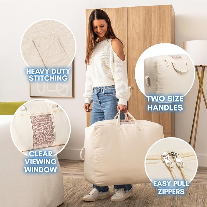 Soft Canvas Storage Bags with Zipper. Thick Breathable, 1pc King/Queen Comforter Organizer. Four Carrying Handles and Window. Large 25x19x9in Bag for Sheets Blankets Bedding Pillows, Clothes - Image 5