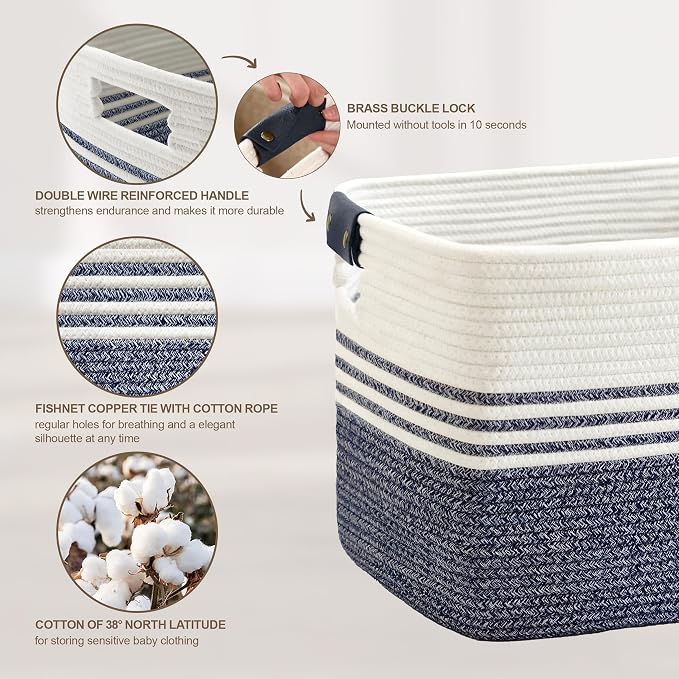 100L Woven Laundry Basket Hamper with Leather Handles,Denim Blue - Image 5