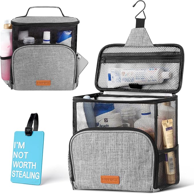 Hanging Toiletry Bag, Shower Caddy Tote Bag (Updated Version, Full Size Bottle Compatible), Bath Organizer for College Dorms, Gym, Camp, Women Men, with Funny Luggage Tag by HiVERST