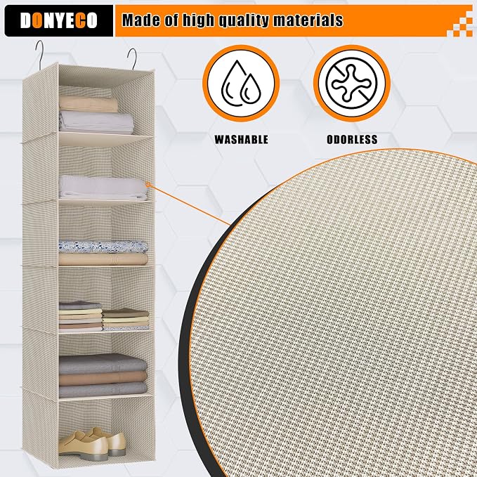 Hanging Closet Organizer 6-Tier, Oxford Wardrobe Storage, Beige Houndstooth | Easy-mount foldable design holds clothes, handbags, shoes & accessories; washable Oxford fabric, sturdy and space-saving. - Image 4