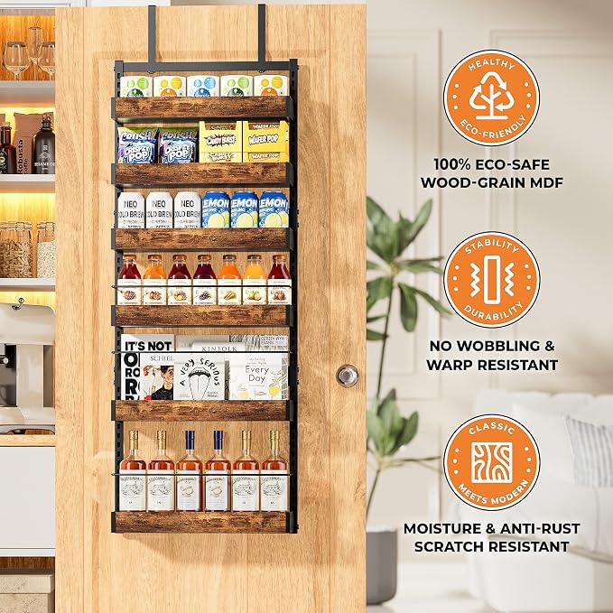 6-Tier Black Metal Door Mounted Hanging Spice Rack Shelves Over The Door Pantry Organizer with Adjustable Basket Back of Door Organizer and Storage for Kitchen with Anti-drop Rod - Image 5