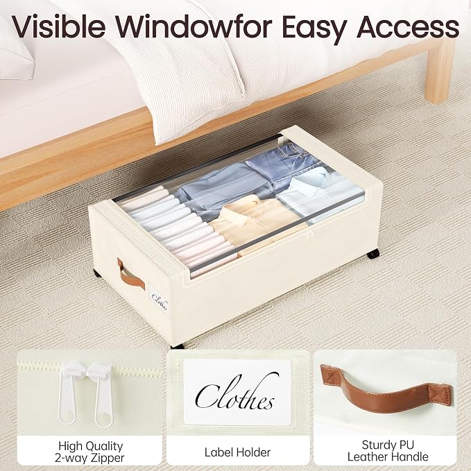 Yecaye 95L Under Bed Storage Containers, Fits 11" Under Bed, 2 Pack, Beige | XXL Capacity, 360° Rolling Wheels, Sturdy Metal Frame, Clear Window & Label, Storage Bins for Clothes, Shoes, Blankets - Image 8