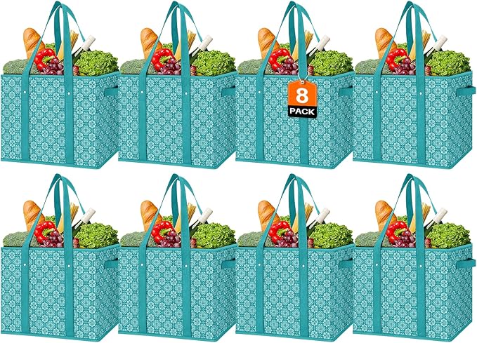 Reusable Grocery Bags 8 Pack, Foldable & Water Resistant Shopping Bags by WiseLife