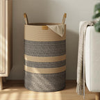Nunsino 75L Striped Laundry Hamper with Leather Handles,Large Foldable Laundry Basket for Clothes,Cotton Rope Storage Bin for Blankets,Woven Clothes Basket for Bedroom,Dark Brown Stripes by Nunsino
