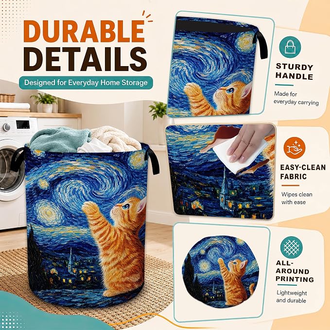 Starry Night Laundry Basket,Cute Cat Large Collapsible Portable Round Laundry Hamper with Handles,Oxford Storage Bin for Clothes,Blankets,Bedroom,Bathroom - Image 3