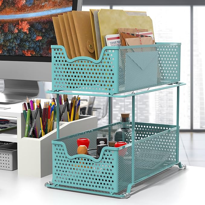 Simple Houseware 2 Tier Sliding Cabinet Basket Organizer Drawer, Turquoise - Image 2