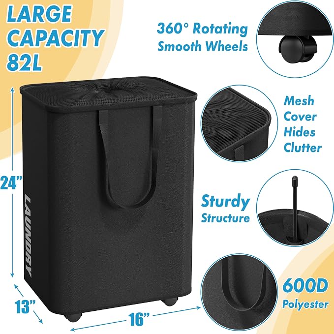 Simple Houseware Large 82L Laundry Basket with Wheels and Handles, Black - Image 3