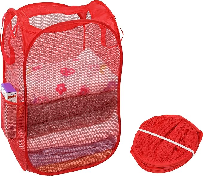 Simple Houseware Mesh Pop-Up Laundry Hamper with Side Pocket, 2 Pack, Red - Image 3