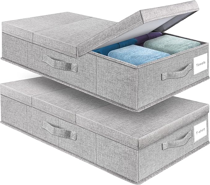 Supowin 2Pack Large Underbed Storage Containers Bin with Lids, Gray | 6 Inches Tall Under Bed Storage Organizer Box with Handles, Foldable Closet Organizer for Clothes, Blankets, Seasonal Items by Supowin